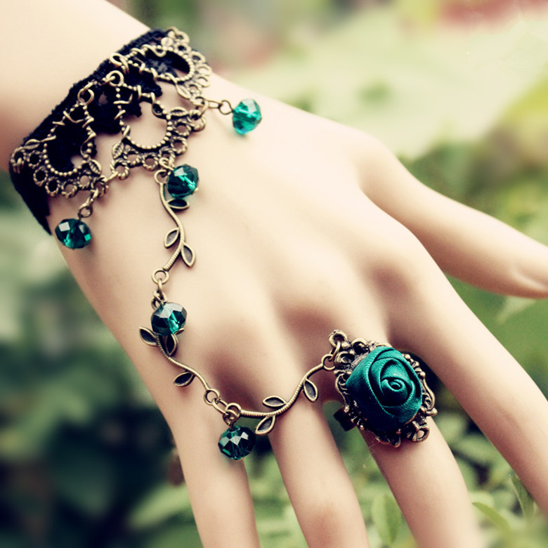 Vintage Lace Chain Flower Detail Wristband Bracelet With Finger Ring 050323