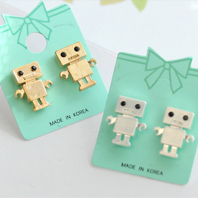 Magicpieces Rhodium Plated Cute Little Robot Earrings Studs 061708j