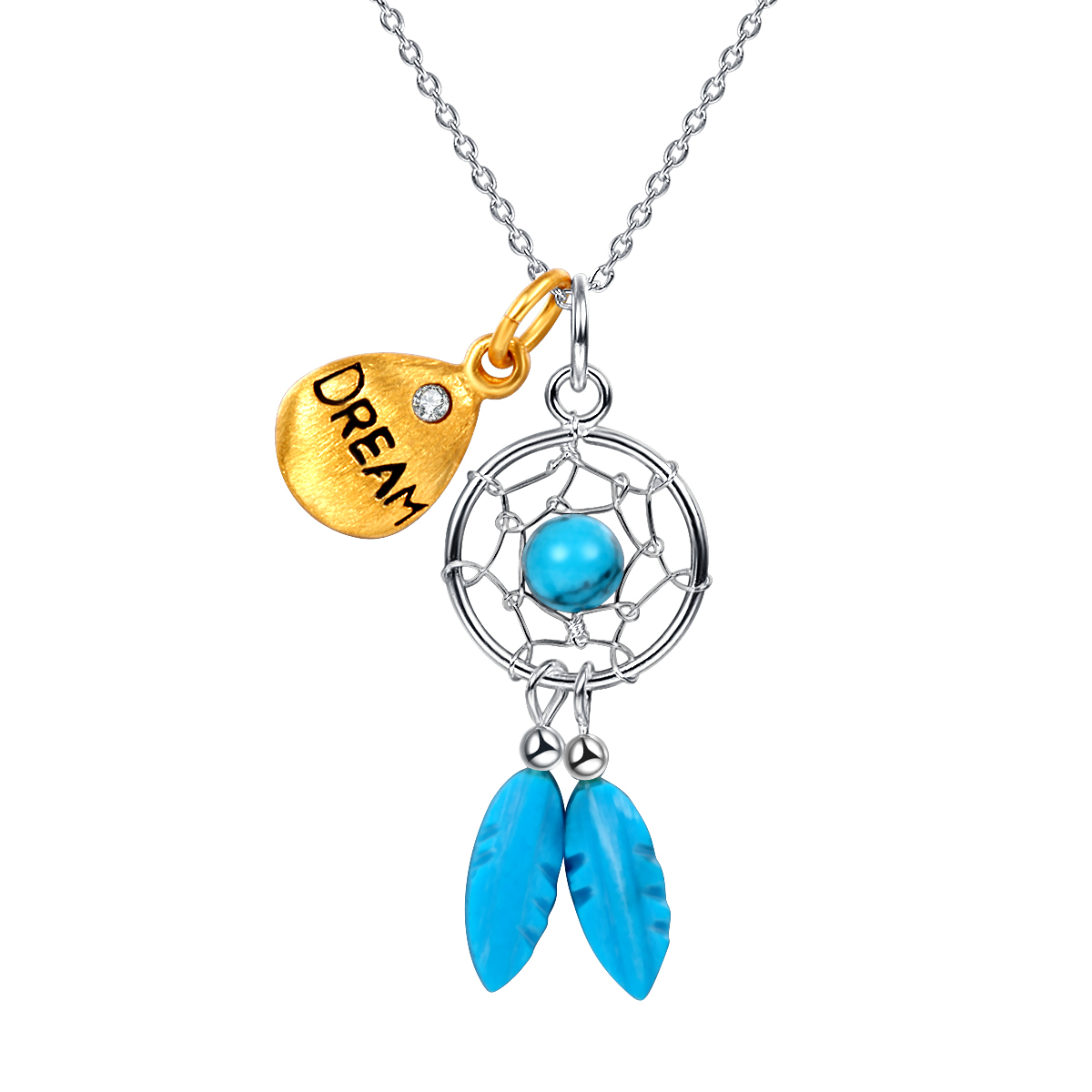 Yan & Lei Sterling Silver Handmade Dream Catcher Pendants With Turquoise Feathers And Golden Drop With Dream Lettering And Cz Setting